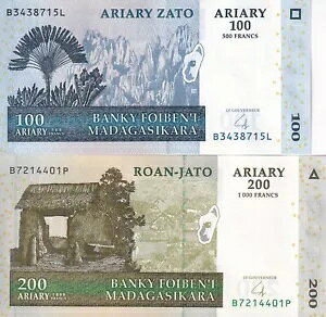 マダガスカル セット 2 UNC 100 200 アリアリ 2004 P 86 87 b サイン # 6 UNC