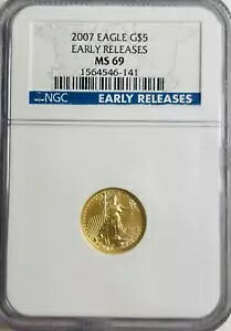 2007 年初期リリース イーグル 1/10th T.Oz ピュア FINE 金貨 5 ドル NGC MS 69