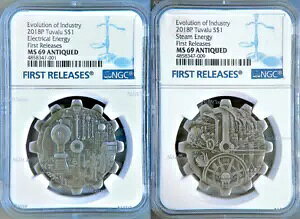 2018 P Evolution of Industry ANTIQUED ���Ԍ^ 1oz �V���o�[ 2�R�C���Z�b�g NGC MS69