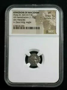 フィリッポス3世マケドイーナ王の銀ヘミドラクム NGC VF 6004 希少