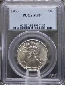 :1936-P 50C ウォーキング リバティ セレクト PCGS MS64 (FSTB) レア ブラスト ホワイト ハイグレード