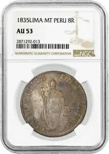 1835 MT 8 Reales �V���o�[ ���} �~���g �y���[ NGC AU53 �����ʃR�C���ɂ���
