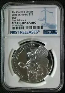 �Z���g�w���i 1 �|���h 2021 �V���o�[ �v���[�t �R�C�� The Queen's Virtues-Truth NGC PF69 FR