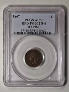 1867 1C RPD FS-302 S-4 �C���f�B�A�� �Z���g - �^�C�v 3 �u�����Y PCGS AU55BN
