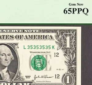 2003 FR Note TtVXR $1 Fr# 1929-L s[^[ # 35353535 GEM UNC PCGS 65 PPQ