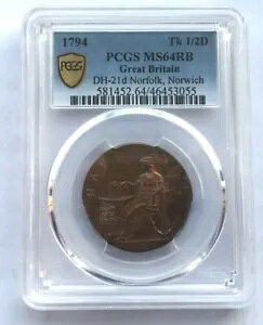 イギリス 1794 ノーフォーク ノーリッチ PCGS MS64RB 1/2 ペニー コイン トークン、UNC