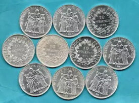 フランスの10フラン銀貨10枚。各25グラム。フランス。投資の仕事たくさん。