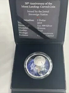 2019 50th Ann Moon Landing Curved 1 oz .999 �V���o�[ �l�C�e�B�u �A�����J�� �~���g ���A COA