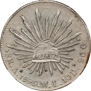 メキシコ シルバー 8 レアル 1895-As ML アラモス ミント NGC AU-58 魅力的な光沢のあるコイン