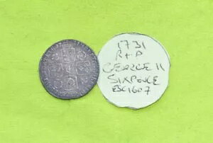 1731 R&P �V���o�[ SIXPENCE �R�C�� �L���O �W���[�W II (1727 - 1760) 2.99g ESC1607