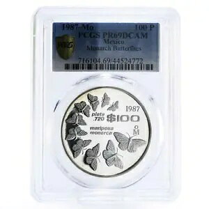 メキシコ 100 ペソ 世界野生生物オオカバマダラ PR69 PCGS 銀貨 1987