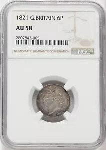 イギリス ジョージ 3 世 1821 6 ペンス銀貨 NGC ほぼ未流通 58