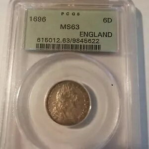 1696 イギリス銀貨 6 ペンス -PCGS MS 63