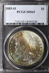 1885-O モーガン シルバー ダラー PCGS MS65 レインボー トーン、ハーフムーン!!!