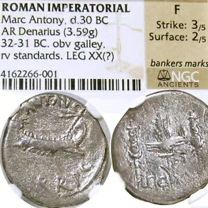 Triumvirs MARK ANTONY Legionary Denarius Coin Praetorian Galley/Standards LEG XX