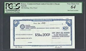 ケニアトラベラーズチェック、200シリング、1971年4月29日、未流通見本