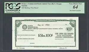 ケニアトラベラーズチェック、100シリング、1971年4月29日、未流通見本