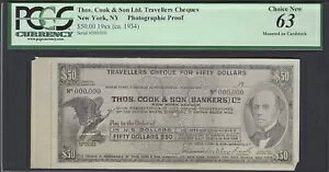 イギリス - トーマス・クック&サン トラベラーズチェック NY 50ドル 写真付き証明書 UNC