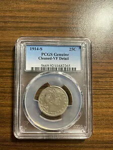 1914-S バーバー シルバー クォーターダラー 25C PCGS 純正 クリーニング済み VF ディテール キー日付