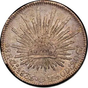 メキシコ 8 Reales Zs 1835 O.M.サカテカス、PCGS AU55。 KM# 377.13