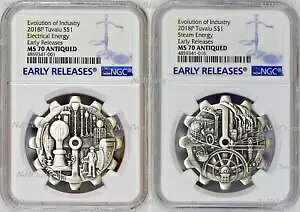 2018 Evolution of Industry ANTIQUED ���Ԍ^ 1oz �V���o�[ 2�R�C���Z�b�g NGC MS70 E