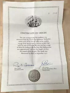 1737 MF メキシコ 8 レアル シルバー、COA 付きホランジア難破船コイン