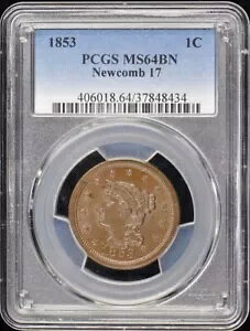 1853 1C �j���[�J�� 17 �u���C�f�b�h �w�A �Z���g PCGS MS64BN