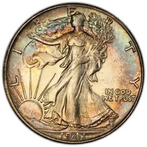 1941-S ウォーキング リバティ 50c、PCGS 62、非常に美しい調色。特別。