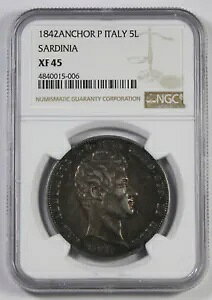 �C�^���A�̃T���f�[�j�� 1842 �A���J�[ P 5 LIRE �R�C�� NGC XF45 KM# 130.2 �A���x���g