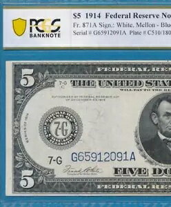 $5.00 FR.871-A 1914 �V�J�S �u���[ �V�[�� �A�M���������� PCGS AU55