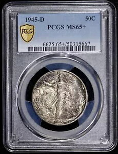 1945-D ウォーキング リバティ 50c ハーフダラー PCGS MS 65+ ライト パステル調
