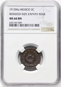 メキシコ 欧州「ZAPATA」 1915 2 CENTAVOS コイン、NGC 認定未流通 MS66-BN