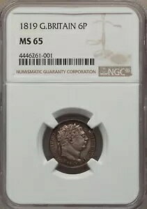 イングランド ジョージ 3 世 1819 年 6 ペンス銀貨、未流通 認定 NGC MS65