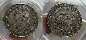 1828 �X�N�G�A �x�[�X 2�A���[�W 8 �L���b�v �o�X�g �n�[�t�_���[ 50c PCGS XF �f�B�e�[�� �N���[�j���O�ς�