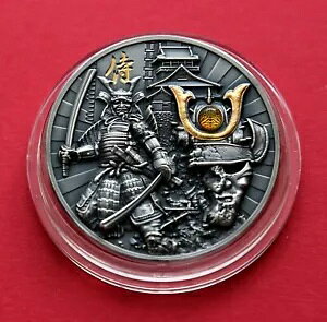 2019 ニウエ $5 サムライウォリアーズ 2 オンスアンティーク仕上げシルバー、金メッキ、レア-500pc