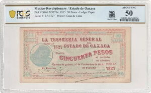 Mexico-Rev - Estado de Oaxaca 1915 50 y\ P#S960 M3376a PCGS UNC 50 ɂ