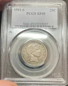 1911-s 25c PCGS XF45 �o�[�o�[ �N�H�[�^�[ �^�t �f�C�g �`���C�X �I���W�i��!