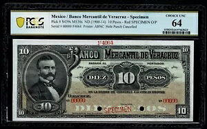 ���L�V�R �A���e�B�[�N $10 �y�\�uSPECIMEN�vBanco Mercantil De Veracruz 1900-14 PCGS 64