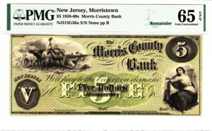 $5 1858-60 Morristown, NJ- Morris County Bank PMG 65 �W�F�������� - ���������A!