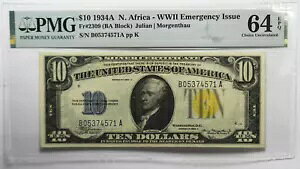 1934 A $10 N Africa Silver Cert Note 第二次世界大戦 B05374571A 緊急発行 PMG 64 EPQ