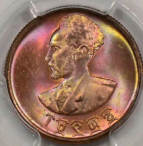 PC0097 エチオピア 1936 25 セント PCGS MS 64 RB 華やかな紫と黄色の色合い!