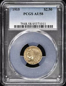 1915�N $2.50 �S�[���h �C���f�B�A�� �w�b�h �N�H�[�^�[ �C�[�O�� PCGS AU 58 ��A�قږ�����