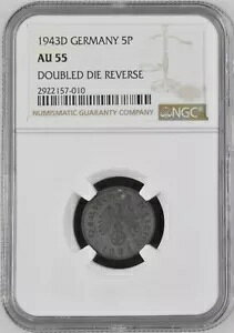 hCc 1943 D 5 ReichspfennigAKM#100ANGC AU55 Doubled Die Reverse DDR I