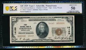 AC 1929 $20 FNB�A�y���V���x�j�A�B�T�C�N�X�r�� Ch #14169 PCGS 50 low s/n A000006
