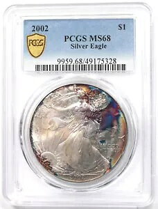 2002 シルバーイーグル ゴージャスモンスター レインボーブルー/オレンジ調色! PCGS MS68 PC1719