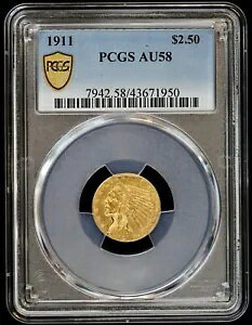 1911�N $2.50 �N�H�[�^�[ �C�[�O�� �S�[���h 2 1/2 �h�� �C���f�B�A�� PCGS AU 58 �قږ�����