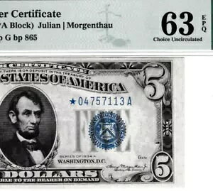 $5 1934 �V���o�[ �T�[�e�B�t�B�P�[�g �~���[�� ?? �X�^�[�m�[�g S/N ?04757113 A Fr.1651 M* PMG