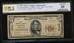 AC 1929 $5 First National Bank �y���V���x�j�A�B�R�b�y�� Ch #14070 PCGS 20
