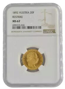 1892 レストライク オーストリア 8 フロリン-20 フラン NGC グレード MS67 .900 純金貨
