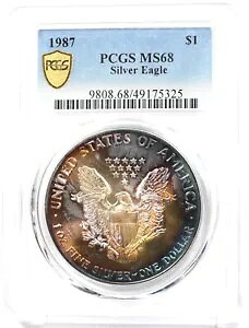 1987 シルバーイーグル ゴージャスモンスター レインボーブルー/オレンジ調色! PCGS MS68 PC1716